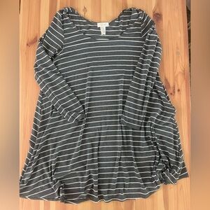 RD Style Charcoal and White Striped Long Sleeve Swing Dress